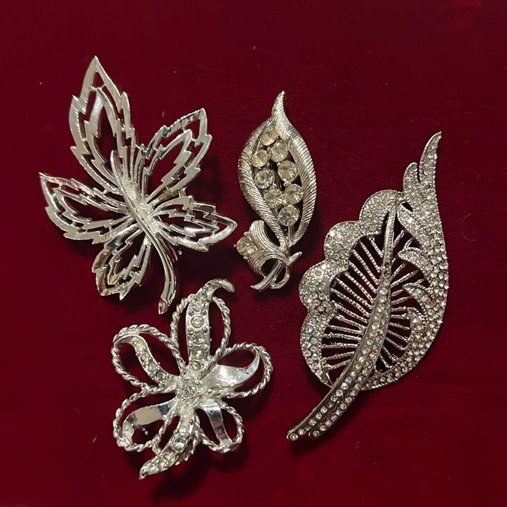Four Vintage Rhinestone Silver Brooches